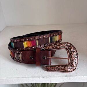 Ariat Brown Leather Serape Western Belt with Studs Decorative Buckle Size M